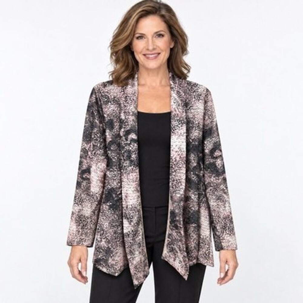 Chicos 2 Topper Jacket size Large Gray Pink Sheer Metallic Lightweight Shrug